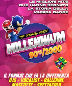 Locandina per festa a tema "millenium 90s 2000" con stile elegante e informazioni chiare.