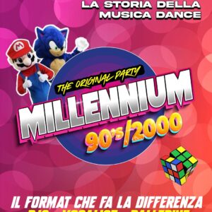 Locandina per festa a tema "millenium 90s 2000" con stile elegante e informazioni chiare.