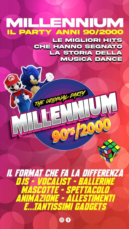 Locandina per festa a tema "millenium 90s 2000" con stile elegante e informazioni chiare.